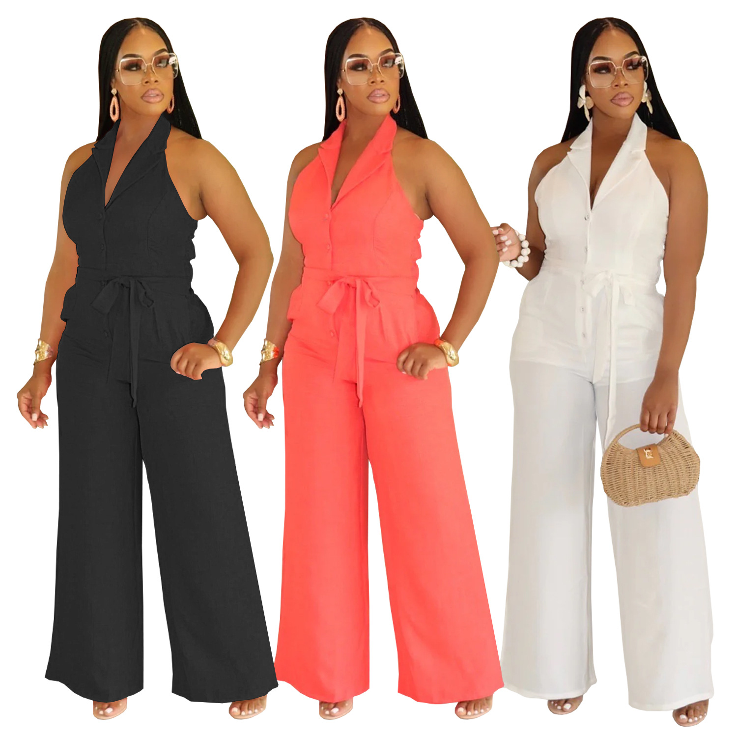 C7368 Cross-border AliExpress Amazon Moda europea y americana Ropa de mujer Verano Casual Color sólido Cuello en V Mono halter Nuevo