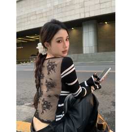辣妹黑色条纹V领长袖针织开衫女春秋外穿高级感正肩短款修身上衣