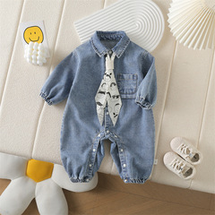 韓国風ベビー服、春服、男の子用ソフトデニムジャンプスーツ、春秋アウター、かわいくておしゃれなロンパース服