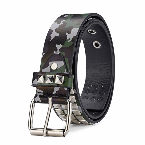 Four-Direction Bead Rivet Pyramid Embossed Punk Hip-Hop Personality Eye Decorative Camouflage Belt for Women and Men