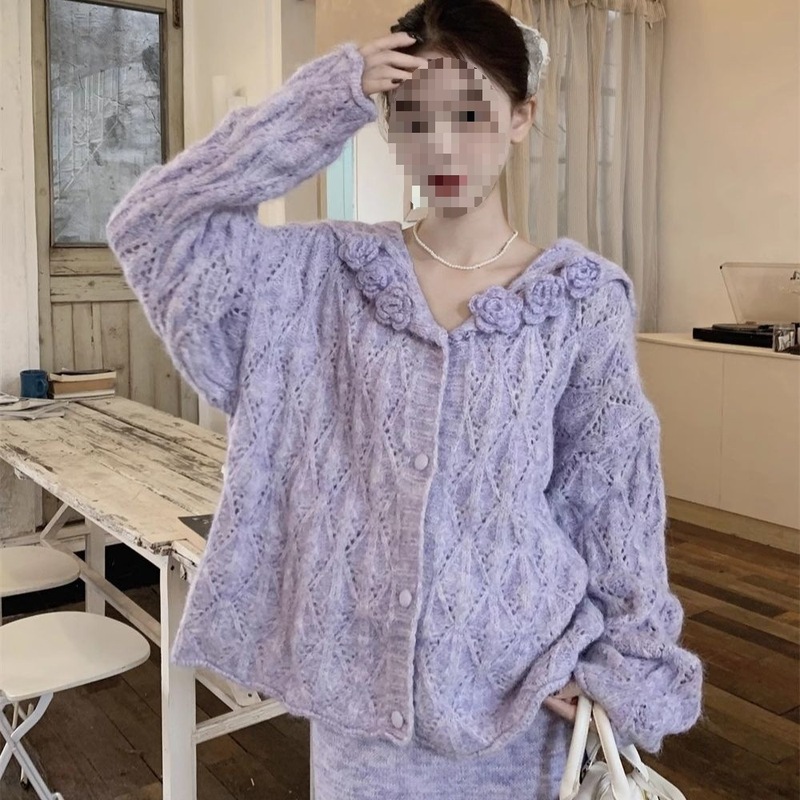 镂空提花海军领毛衣外套女春秋外搭超好看针织开衫温柔风软糯上衣|undefined