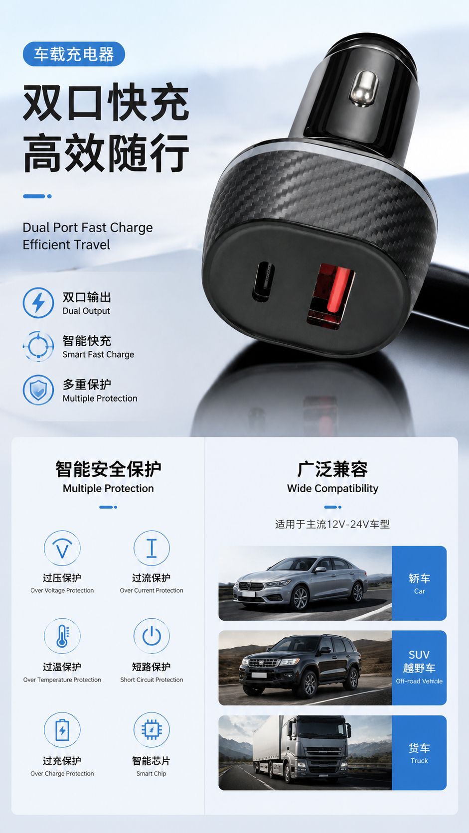 Car charger 54W dual-port fast charging USB-A+Type-C cigarette lighter power supply 12V/24V
