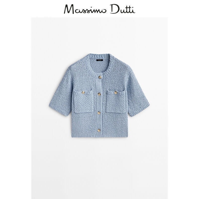 Massimodutti2026 Women's New Spring Style Blue Tweed Textured Knitted Cardigan Short Jacket