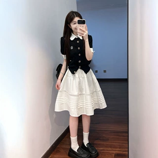 夏天韩系穿搭一整套学院风甜美针织拼接假两件针织开衫白色半身裙