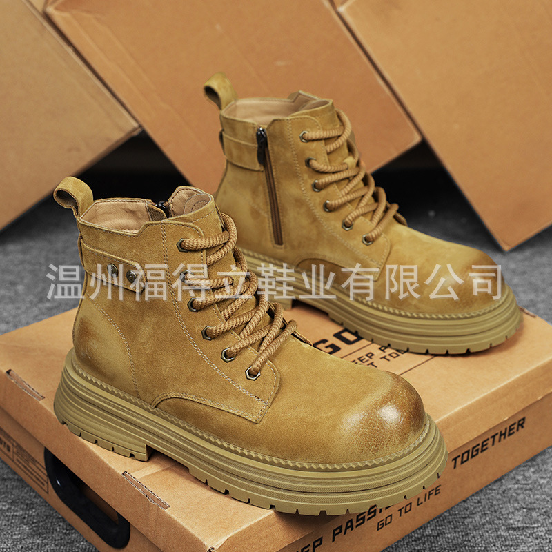 Genuine Leather Retro Martin Boots for Men, Autumn and Winter Fleece-Lined Short Boots, Genuine Leather Yellow Boots, British Style Thick-Soled Work Boots