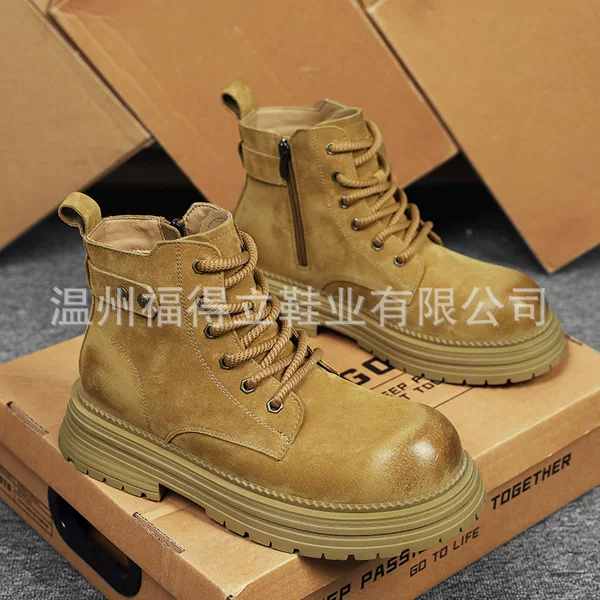 Genuine Leather Retro Martin Boots for Men, Autumn and Winter Fleece-Lined Short Boots, Genuine Leather Yellow Boots, British Style Thick-Soled Work Boots