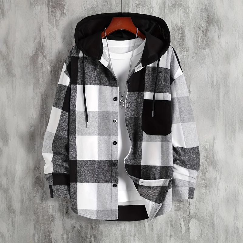 2023 Autumn and Winter New Wish Amazon Men's Hooded Shirt Plaid Pocket Long Sleeve Thickened Shirt Top
