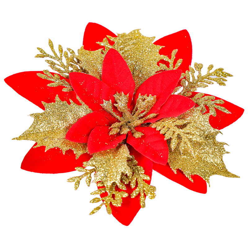 Adornos navideños transfronterizos Flores navideñas rojas doradas Adornos del árbol de Navidad Espolvorear accesorios de flores en polvo hechos a mano Decoración de la escena