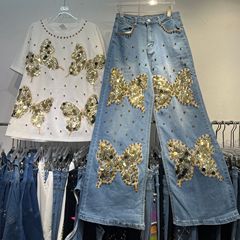 ヨーロピアンビーズルーズ大きいサイズTシャツ+ヘビーデザインバタフライスパンコールワイドレッグスリムジーンズ2点セット