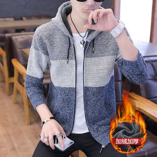 Cross-border Foreign Trade Autumn and Winter Knitwear Jacket Men's Sweater Middle-aged fleece-lined Thickened Stitching Zipper Hooded Sweater for Men