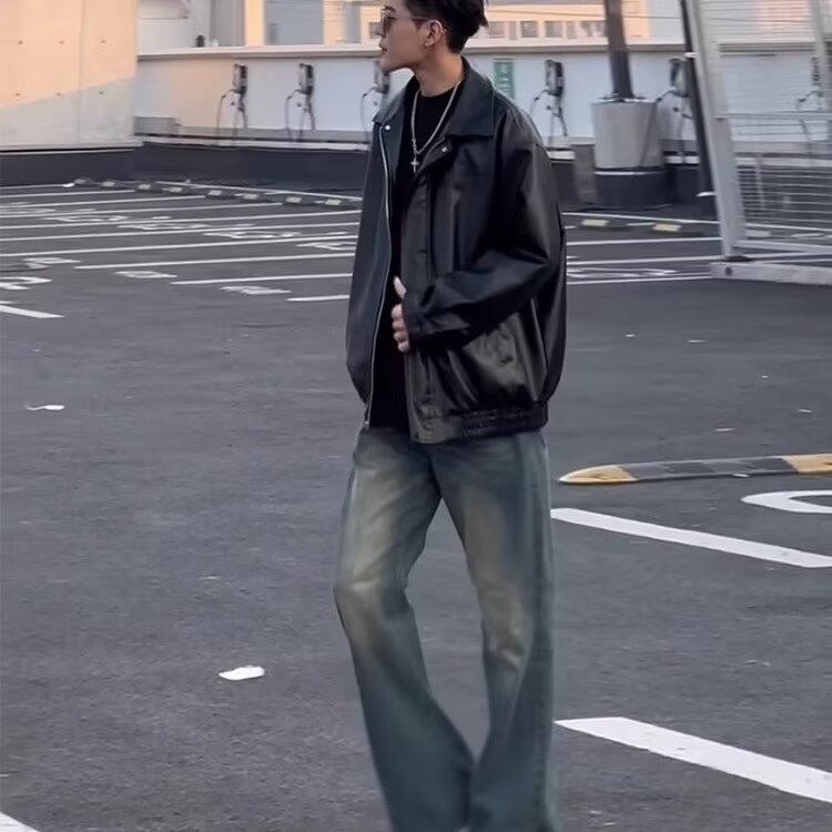 Korean-style high-grade black motorcycle clothing pu leather jacket men's trendy street ruffian handsome casual all-match coat top