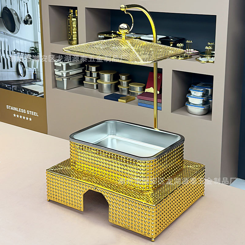 跨境外贸方形不锈钢酒精炉吊盖金色酒精锅自助餐炉Chafing Dish|undefined