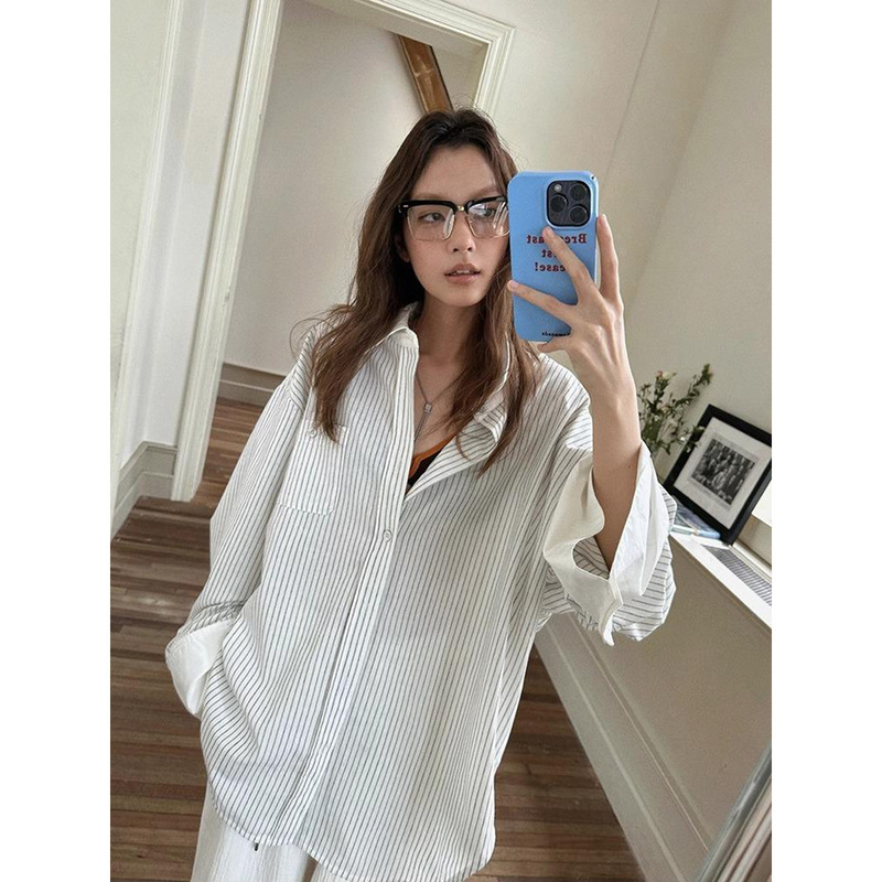 3187 #   Moershop Accent Concept Retro White Vertical Stripesd Large Sleeve Shirt Women's Spliced ​​Long-Sleeved Top