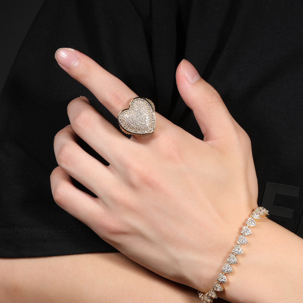Heart Shape Pattern Brass Inlay Heart Shape Zircon Rings