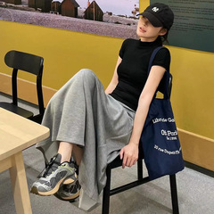 2025韓国夏のファッションスーツハーフタートルネック半袖シェービングトップ+ドレープAラインスカートスーツ