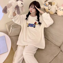 新款ins秋冬季睡衣法蘭絨加厚女甜美卡通休閑長袖套頭家居服