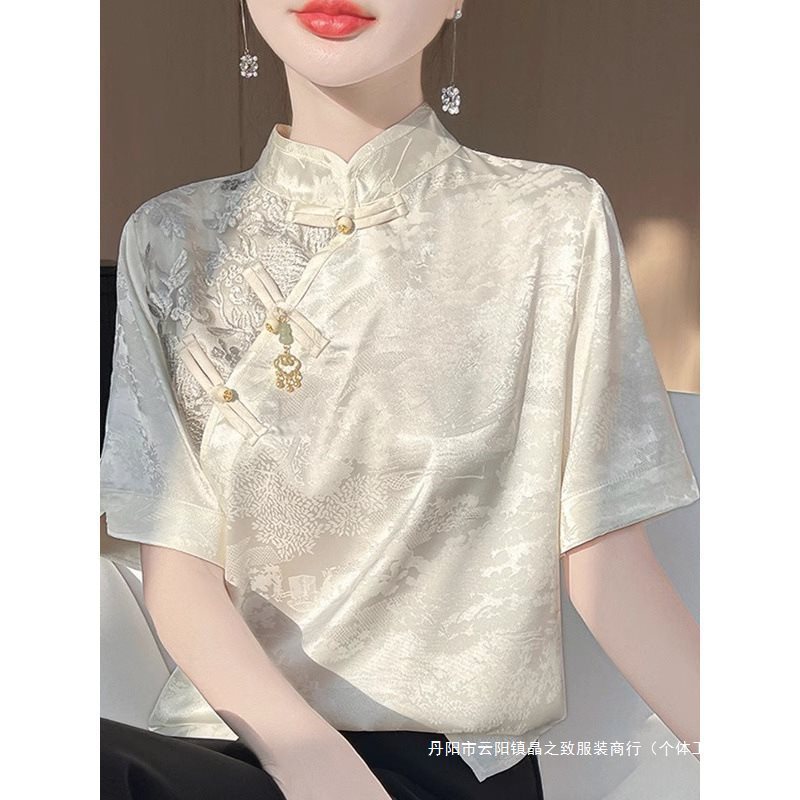 国风立领盘扣短袖上衣复古轻奢大码新中式衬衫恤感女印花|undefined
