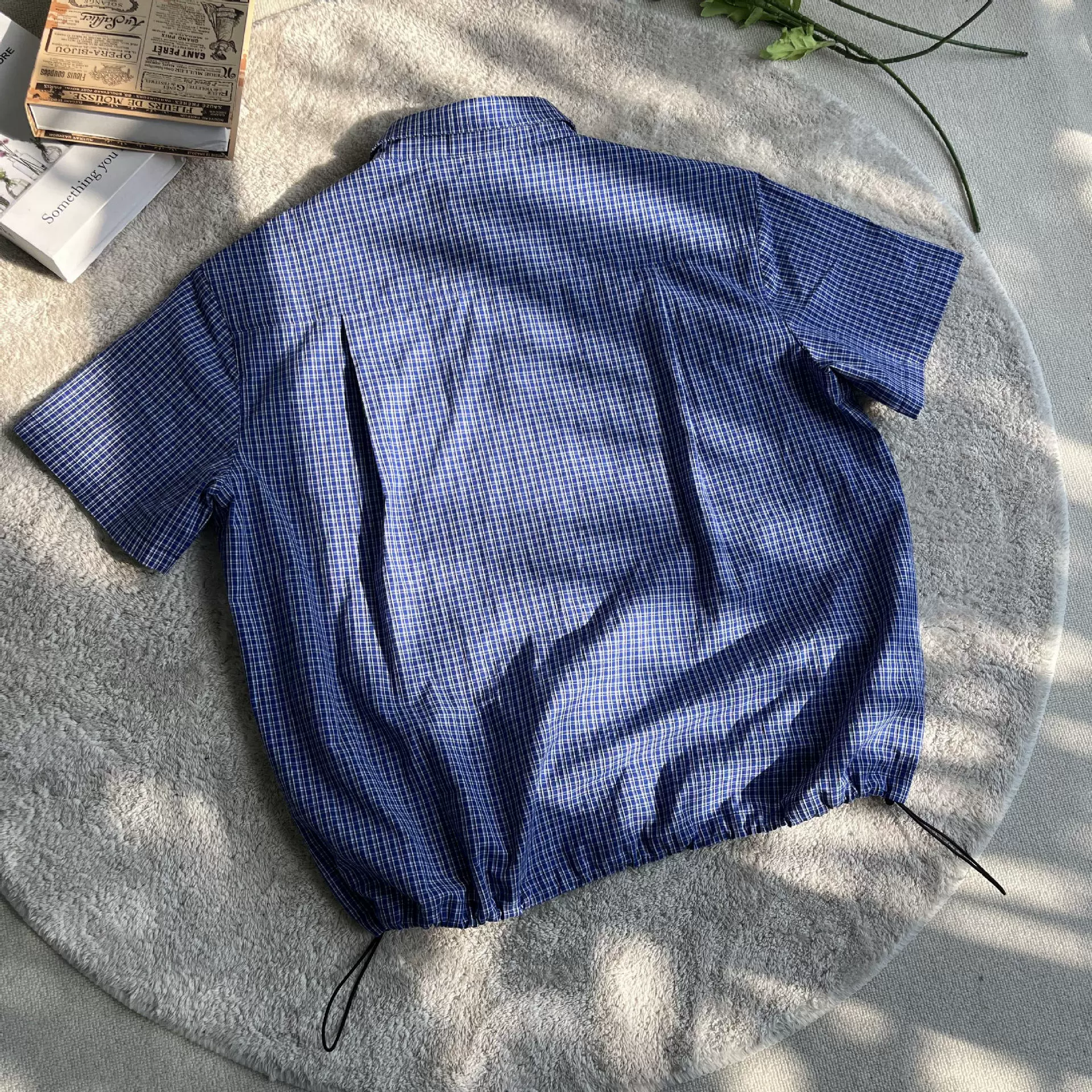 Xanvas "Royal Blue" royal blue plaid drawstring short-sleeved shirt men's miu style versatile summer