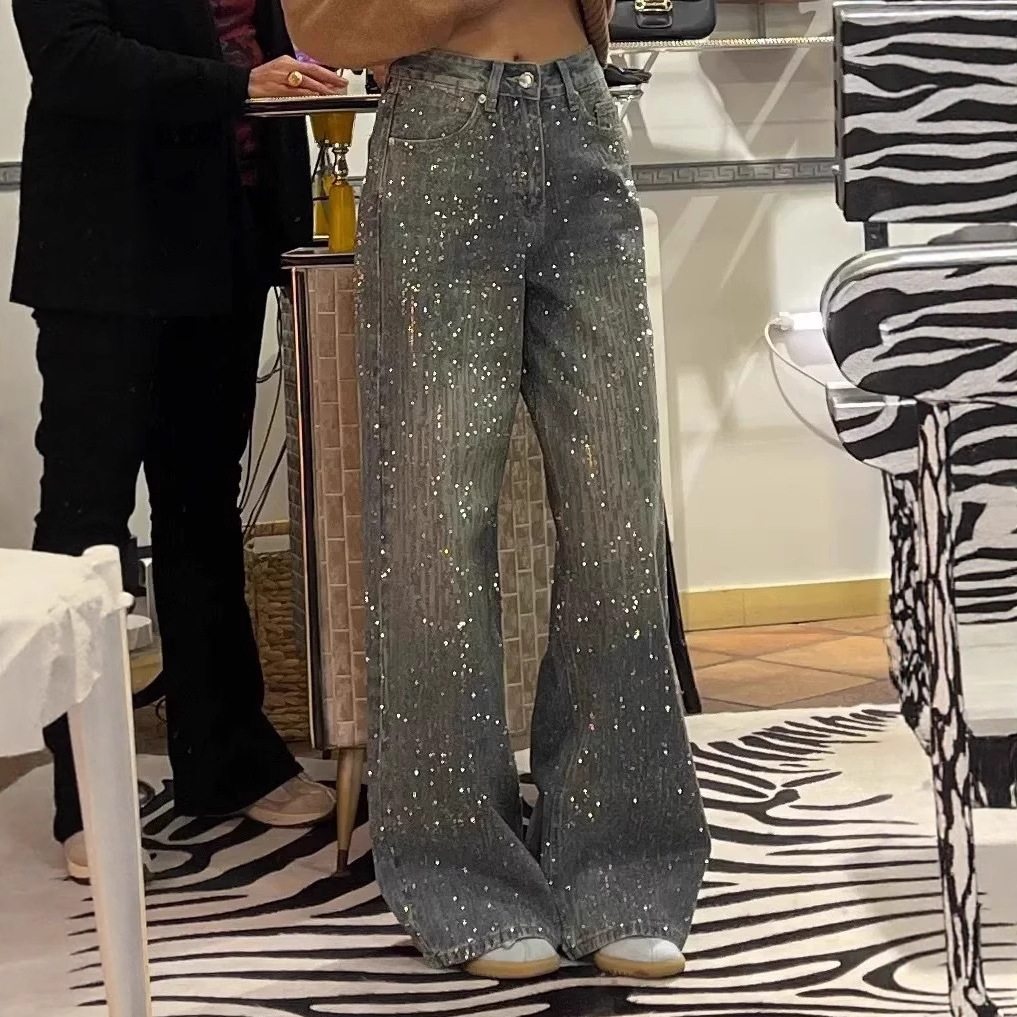 American Retro Heavy Starry Sky Rhinestone Patchwork Jeans for Women with a Hot Girl Design, Shiny and Floor-Length Pants