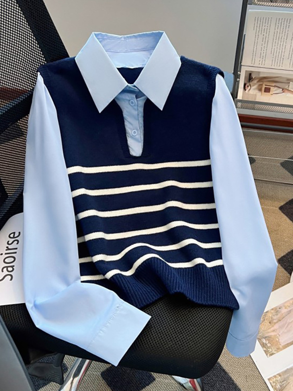 Brand Discount 2025 Spring & Fall New Design Fake Two-Piece Polo Collar Stripesd Shirt Fashionable Top