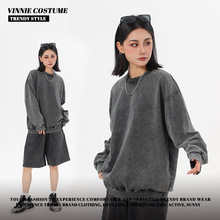 美式复古重磅400g大毛圈水洗做旧圆领套头卫衣女秋冬宽松休闲卫衣