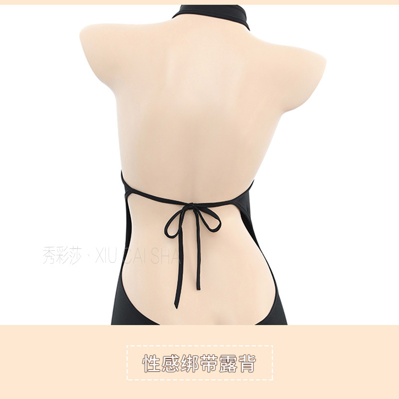 Open-Bust Bodysuit Lingerie with Matching Stockings, Milk Silk One-Piece in Black — detail image 23