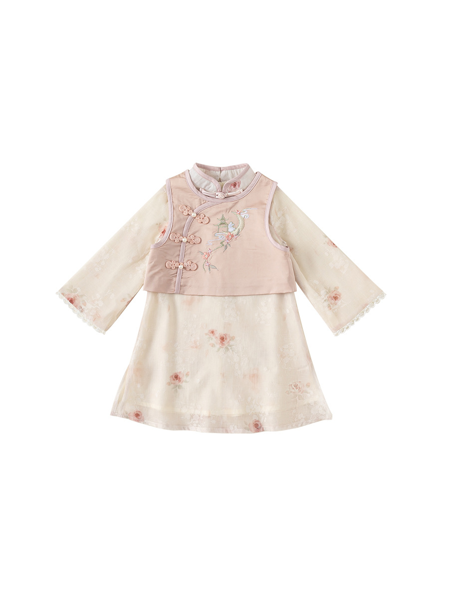 Yubao ropa para niños ropa de primavera y otoño ropa de niños chaleco de caballo cheongsam falda estilo antiguo dos juegos de ropa china