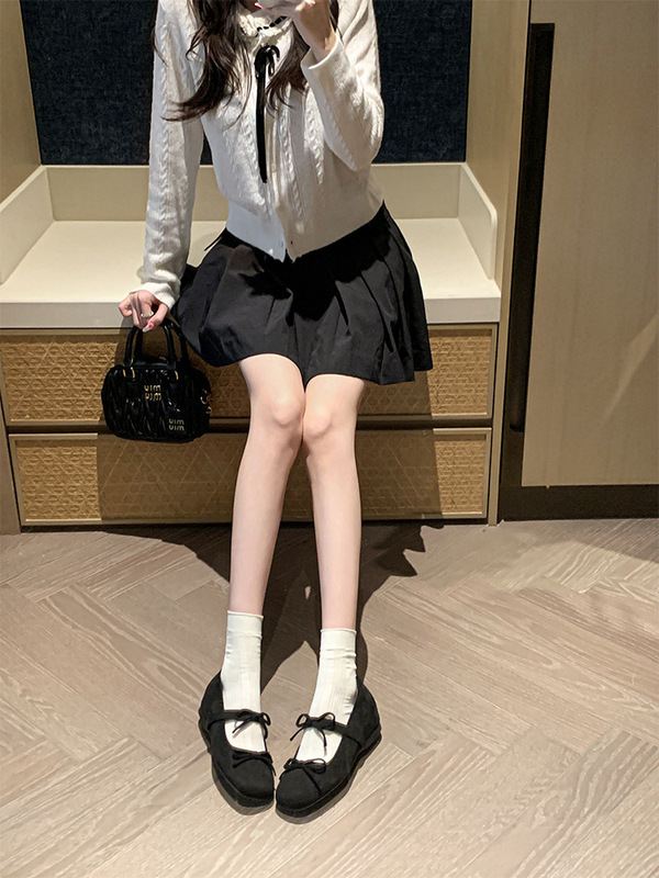 牛皮版~仙女风浅口4cm内增高法式蝴蝶结平底玛丽珍芭蕾鞋女单鞋|undefined