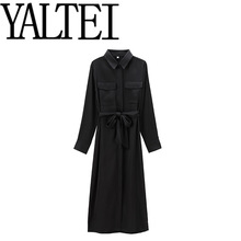 YALTEI秋季新款 女装 欧美风法式设计丝缎质感衬衣式连衣裙 86856