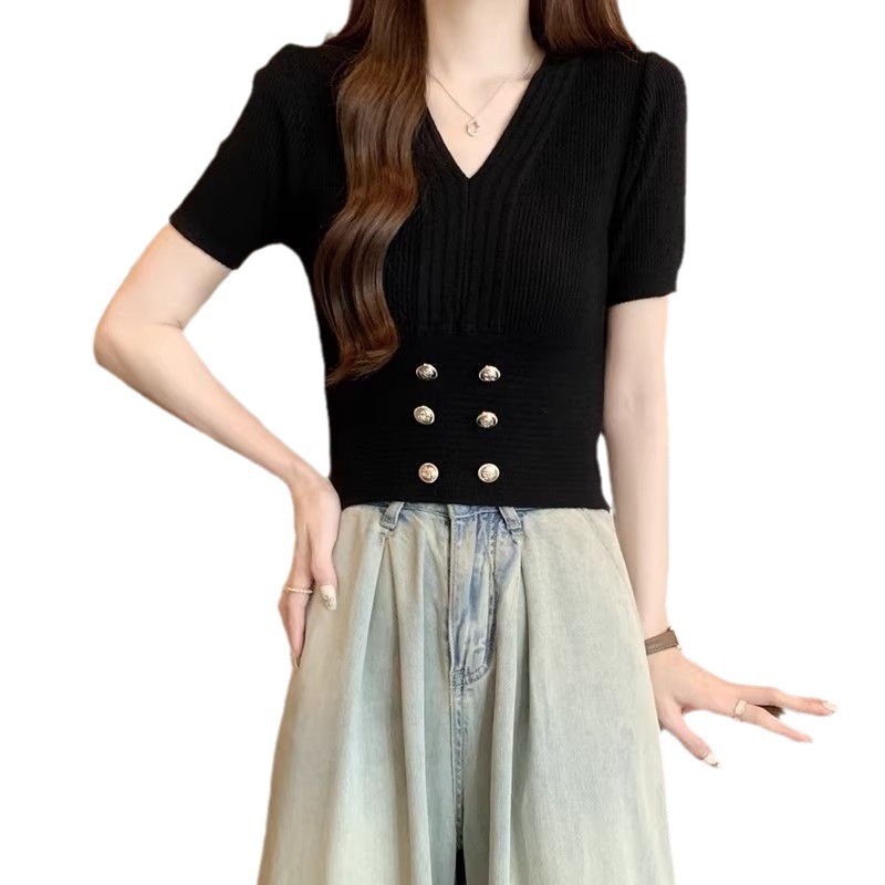 V-Ausschnitt, hohe Taille, kurzärmeliger Damen-Sommer, neuer französischer Stil, kleiner, duftender Wind, Eisseide, gestrickter Pullover_voghion.com