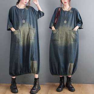 Real shot in stock plus size artistic patch Denim mid-length dress spring and summer loose meat covering robe