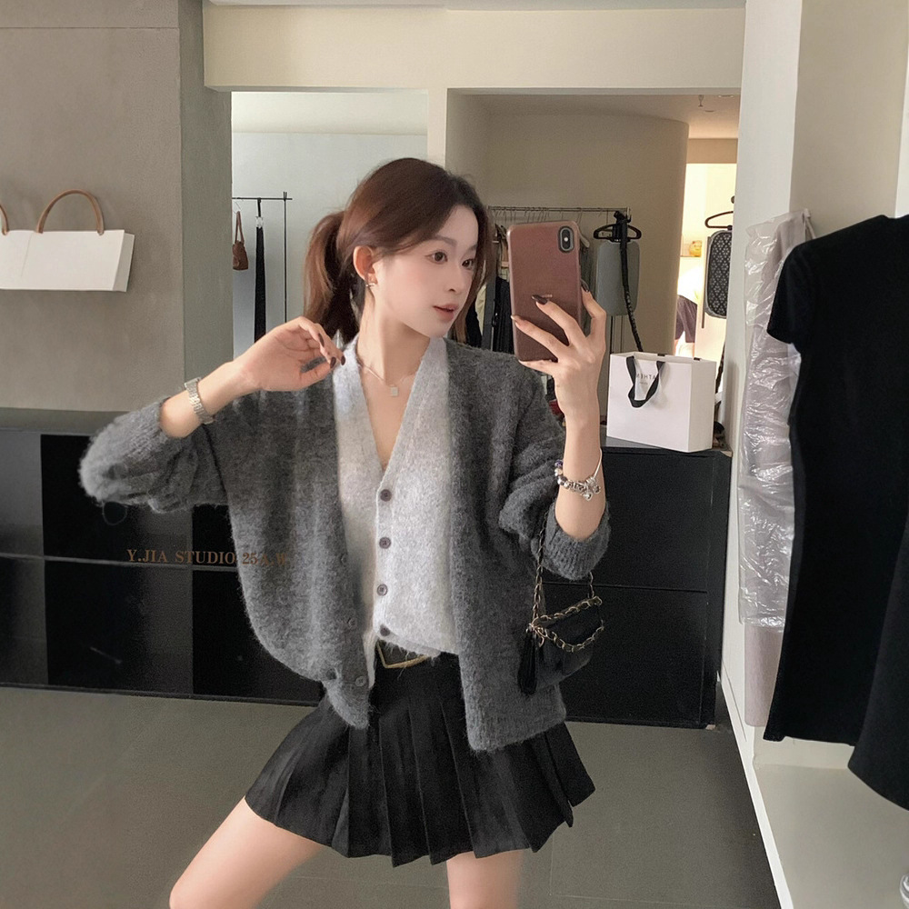 여성 가을 브이넥 니트 가디건 커피브라운 배색 레이어드 가짜 투피스 출근