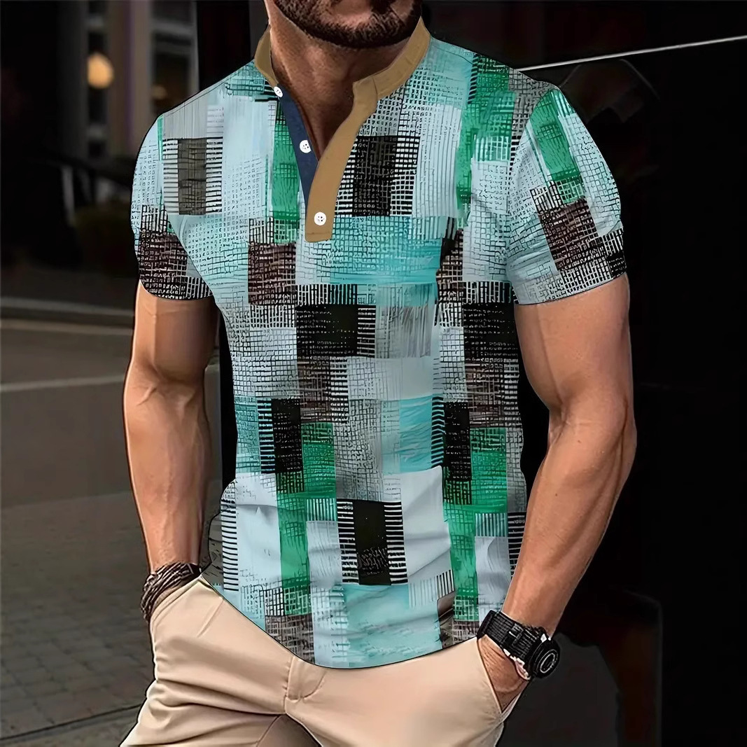 Nuevo estilo transfronterizo de verano 3d geométrico cubo estampado cuello alto botón de manga corta polo playa casual ME13