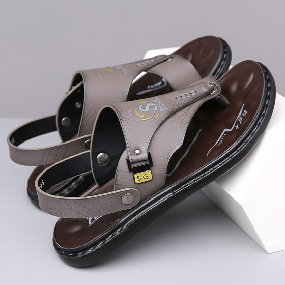 2024 New Men's Leather Sandals Breathable plus size Temu Soft Bottom Fashionable All-match Men's Beach Shoes