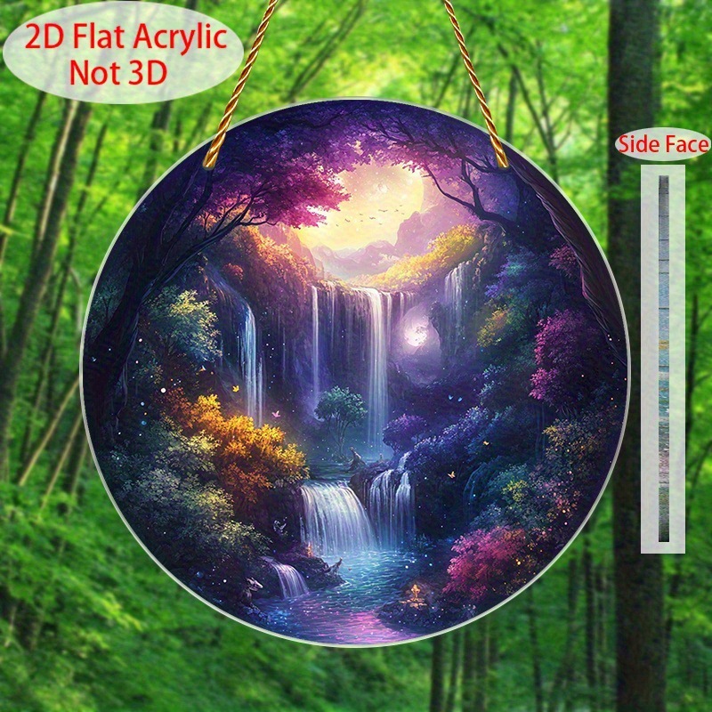 2D плоский, 1 штука ловца снов Лунный лес - 2D плоское акриловое искусство, яркий водопад