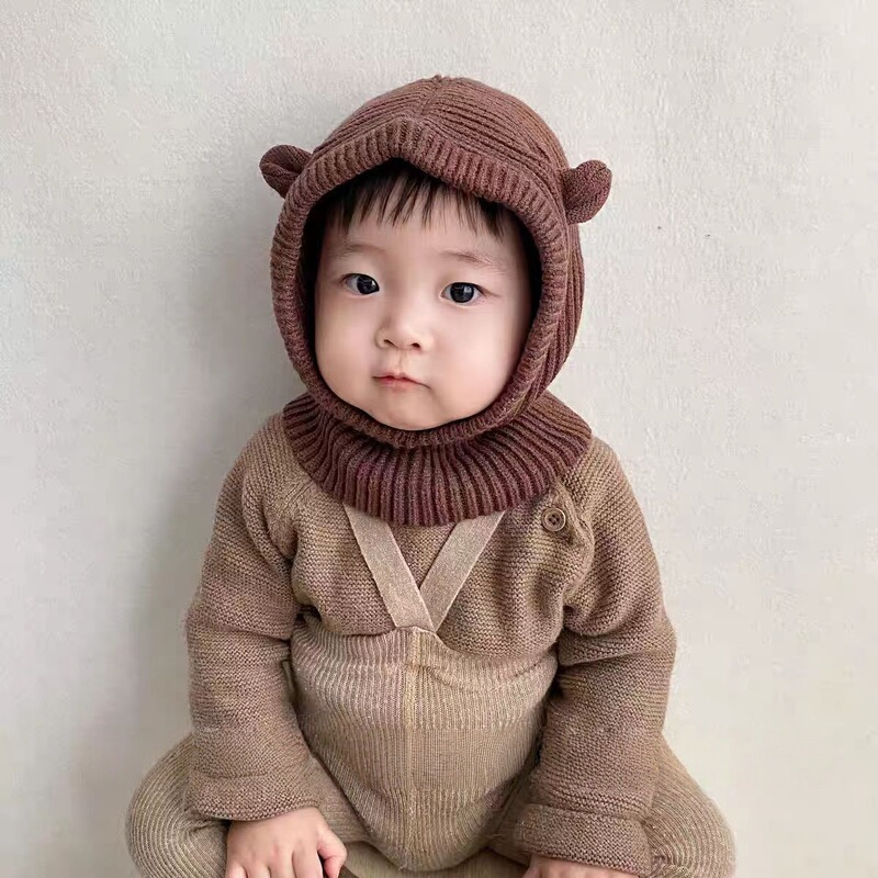 婴儿帽子围巾一体帽韩系宝宝可爱小耳朵披肩帽针织护耳保暖毛线帽|undefined