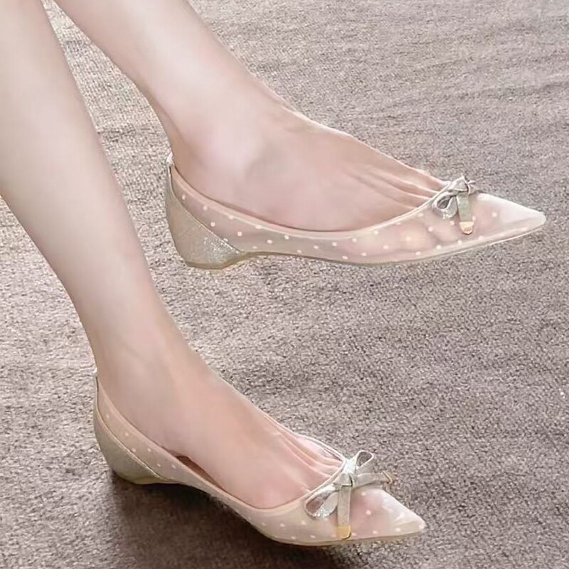French-Style Shallow Mouth Large Size Flat Shoes with Metal Buckle, Bowknot, Polka Dot Mesh, Hidden Height Increase, Women's Commuter High Heels French-Style Shallow Mouth Large Size Flat Shoes with Metal Buckle, Bowknot, Polka Dot Mesh, Hidden Height Increase, Women's Commuter High Heels