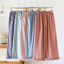 纯棉睡裤女士阔腿9分裤花边2025新款纯色单独遛弯家居裤可外穿