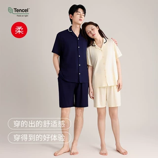 夏款兰精莫代尔情侣睡衣短袖短裤女士可外穿家居服经典版翻领套装