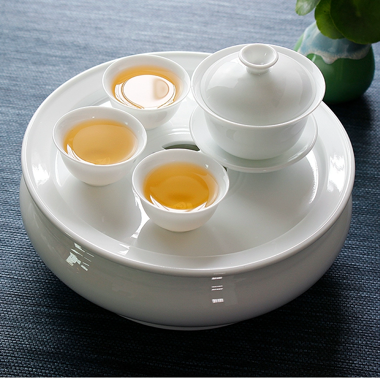 91N high-temperature white porcelain pure white Chaoshan kung fu tea set 8-inch round tea tray water storage full set teacup with lid and bowl