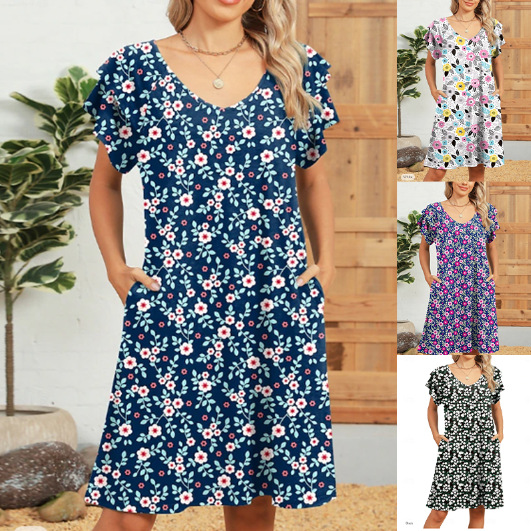 유럽과 미국의 국경 간 드레스 2025 Amazon 여름 신작 V 넥 플라워 프린트 더블 레이어 프릴 슬리브 비치 드레스