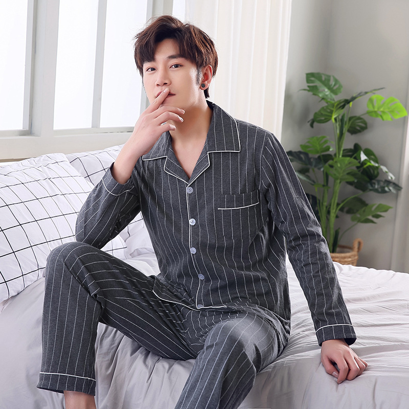 Pijamas de manga larga de los hombres de primavera y otoño de algodón cardigan casual Plaid elegante de los hombres desgaste del hogar de Otoño de algodón más traje de tamaño