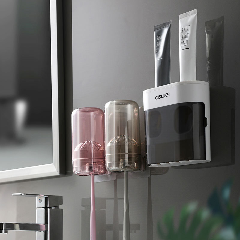 Double Squeeze Fully Automatic Dispenser Wall-Mounted Lazy Child Toothpaste Squeezer Manual No-Drill Storage Rack_voghion.com