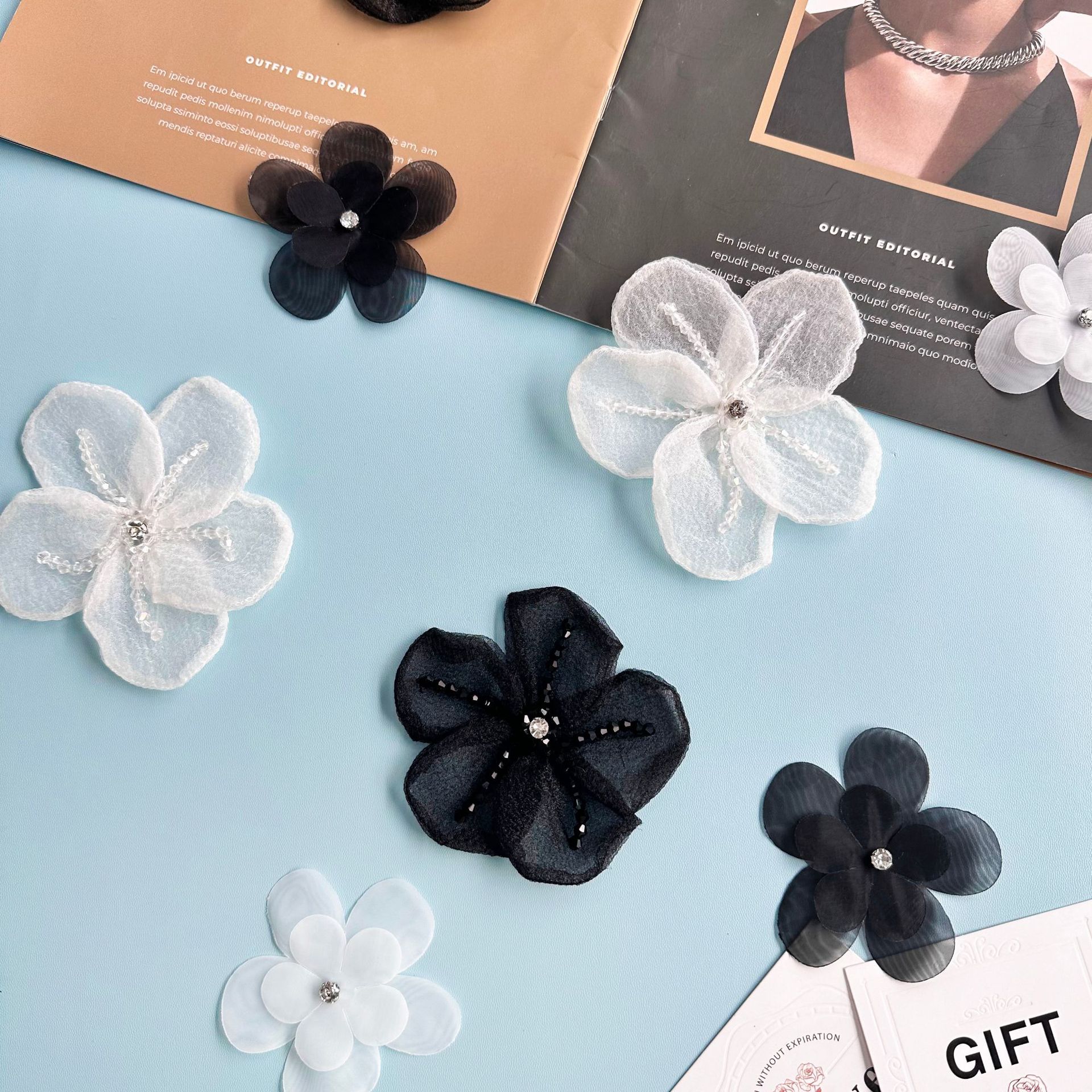 黑白双色网纱花朵装饰 镶钻点缀 服饰箱包手工 DIY 必备