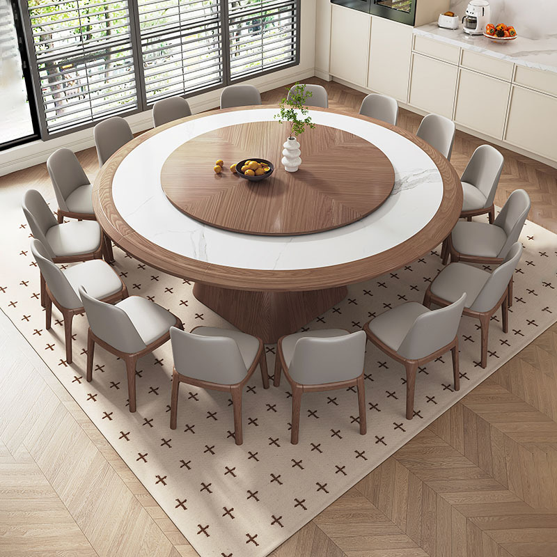 法式复古实木岩板餐桌带转盘10人别墅饭桌纯实木内嵌家用2M大圆桌