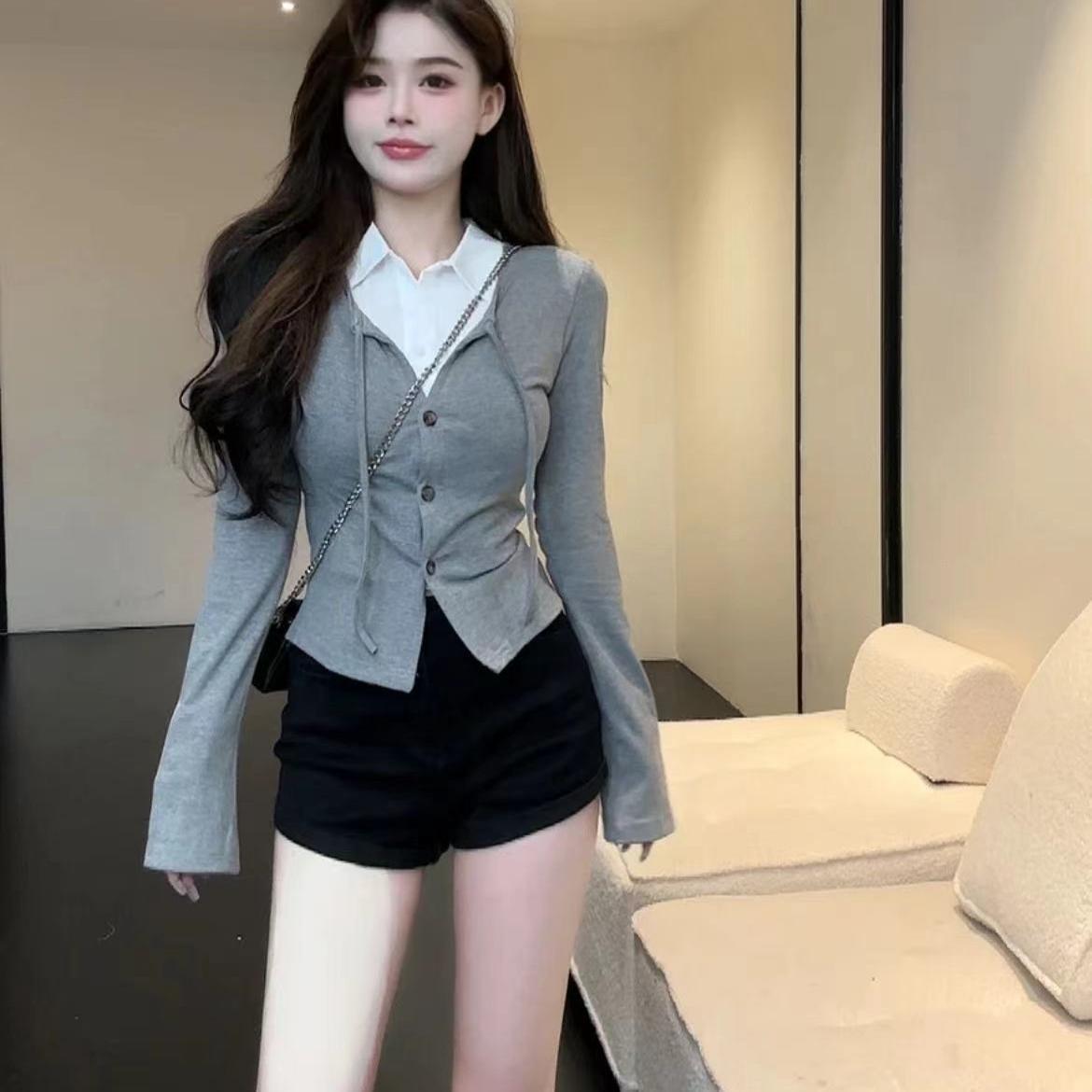 大碼女裝假兩件Polo領不規則修身顯瘦上衣長袖t恤打底衫時尚百搭