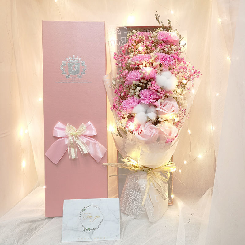 해피핑크 카네이션 48cm 선물상자-꽃다발+선물상자+LED조명