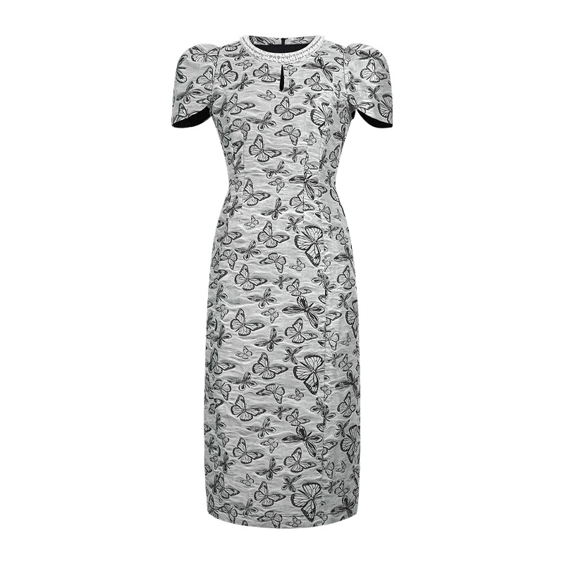 Đầm ôm body nữ cổ tròn jacquard đính đá thêu ren — xám