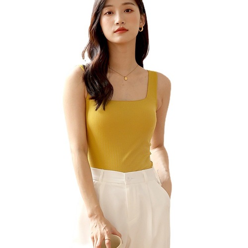 Square collar white vest with breast pads sexy pure cotton top short navel-baring knitted one-piece spring and summer suspender for women