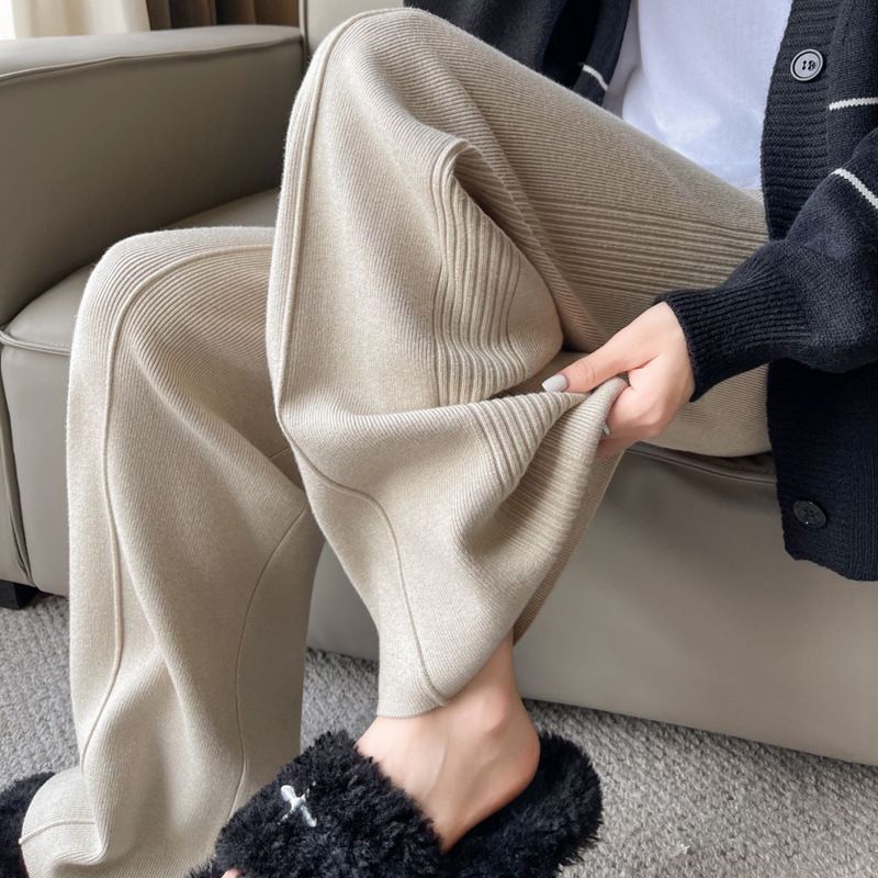 秋冬季显瘦设计感侧边坑条压褶针织休闲裤女新款窄版阔腿拖地长裤|undefined